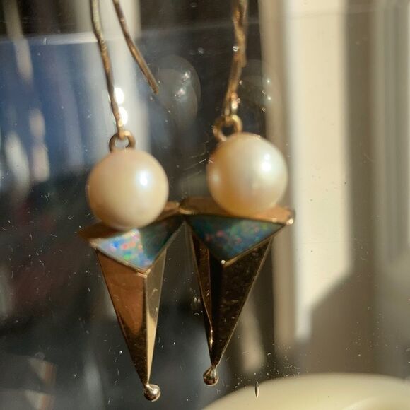 Vintage Gold Earrings Genuine 14K Gold Real Pearl Genuine Opal Artisan Earrings - Picture 12 of 16
